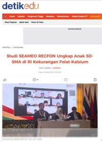 Image of Studi SEAMEO RECFON Ungkap Anak SD-SMA di RI Kekurangan Folat-Kalsium

Studi SEAMEO RECFON Ungkap Anak SD-SMA di RI Kekurangan Folat-Kalsium