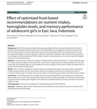 Image of Efect of optimized food-based recommendations on nutrient intakes, hemoglobin levels, and memory performance of adolescent girls in East Java, Indonesia