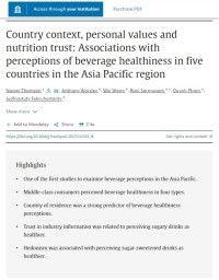 Country context, personal values and nutrition trust: Associations with perceptions of beverage healthiness in five countries in the Asia Pacific region